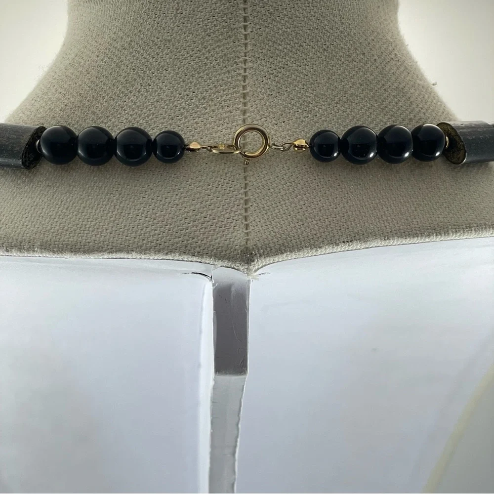Vintage Japan Gold Tone Ceramic Black Gold Beaded Statement Necklace